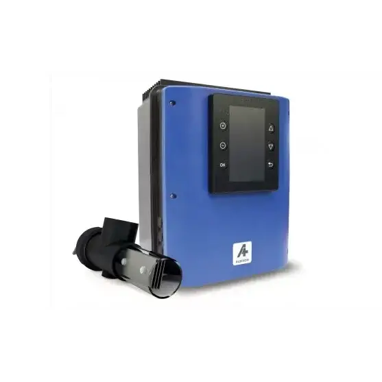 Blå Brilix Neosalt doserar salt med svart panel och sensor för pool